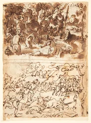 Recto, powyżej: Diana i Akteon; Recto, poniżej: polowanie na dzika; Verso, powyżej: badania dwóch męskich głów; Verso, poniżej: Spotkanie Anny i Joachima przy Złotej Bramie, Obrzezanie Dzieciątka Jezus