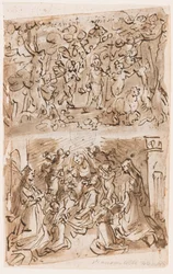 Recto, powyżej: młody św. Jan Chrzciciel prowadzony przez aniołów na pustyni; Recto, poniżej: Sacra Conversazione ze św. Barbara i Katarzyna; Verso, powyżej: Ukrzyżowanie; Verso, poniżej: Chrystus uzdrawiający paralityków w pobliżu sadzawki Bethesda