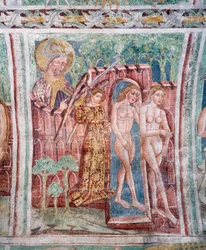 Kościół obronny Hrastovlje, Kościół Trójcy Świętej, Adam i Ewa wygnani z raju (1490), fragment fresków Janeza Iz Kastvy, Słowenia