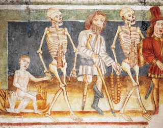 Kościół obronny w Hrastovlje, Kościół Trójcy Świętej, Śmierć towarzysząca dziecku i biednym, Taniec śmierci (1490), fragment fresków Janeza Iz Kastvy (1490), Słowenia