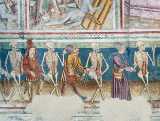 Kościół obronny w Hrastovlje, Kościół Trójcy Świętej, Śmierć towarzysząca kupcowi i bogatemu bankierowi, Taniec Śmierci (1490), fragment fresków Janeza Iz Kastvy, Słowenia