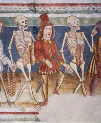 Kościół obronny w Hrastovlje, Kościół Trójcy Świętej, Śmierć towarzysząca kupcowi i bogatemu bankierowi, Taniec Śmierci (1490), fragment fresków Janeza Iz Kastvy, Słowenia