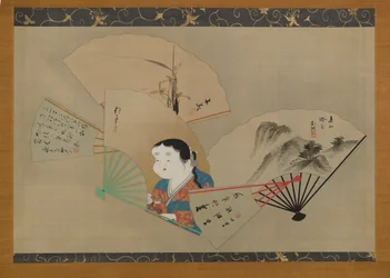 Pięć wachlarzy, autorstwa Sakai Hoitsu (1761-1828), Tani Buncho (1763-1840), Haruki Nanko (1759-1839), Kameda Bosai (1752-1826) i Kikuchi Gozan (1772-1855), ok. 1820 (zwój wiszący, tusz, gofun i złoto na jedwabiu)