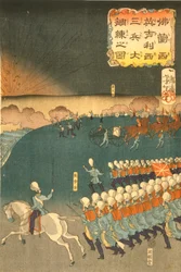 Żołnierze francuscy i brytyjscy biorący udział w manewrach szkolenia wojskowego, Jokohama, Japonia. Część tryptyku autorstwa Taiso Yoshitoshi (1839-1892), japońskiego artysty ukiyo-e. Działo artylerii polowej piechoty