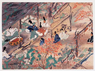 Heian mąż stanu i poeta Sugawara Michizane (845-903), znany jako Tenjin-San (niebiański duch), na wygnaniu w Kitano Tenman-Gu świątynia w Kioto dzieląca ubrania podarowane przez byłego cesarza Fujiwarę Nobuzane (1176-1268), Kamakura okres (1185-1333), Japo