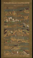 Ilustrowana biografia księcia Sh?toku, wiszący zwój, okres Kamakura (1185–1333) (atrament, kolor i złoto na jedwabiu)