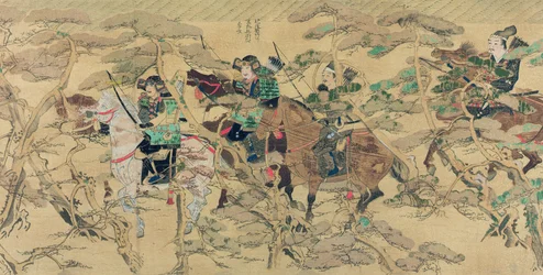 Japońscy żołnierze na koniach jadą przez las sosnowy podczas mongolskiej inwazji na Japonię w 1274 roku, ilustracja z magazynu Kokka, maj 1921