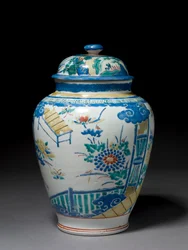 Słój z przykrywką, ok. 1660-80 (porcelana z emalią pokrytą szkliwem)