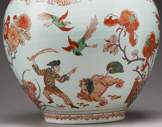 Duży wazon butelkowy, dekorowany w Holandii w stylu Imari, Ko-Imari, koniec XVII w. (ceramika pokryta emalią) (detal z 117741)