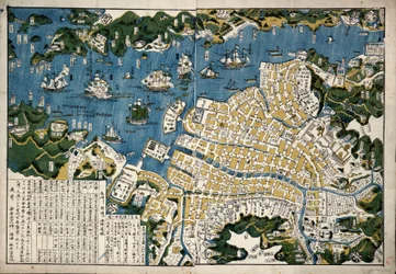 Mapa Nagasaki, Japonia, ok. 1868 r. (kolorowy drzeworyt)
