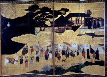 Parawan Namban Byobu zwany „Portugalczykami”: przedstawienie przybycia portugalskich misjonarzy jezuickich do Japonii w XVI wieku. Wykonany przez szkołę Kano. XVII wiek. Paryż, Musée Guimet, Narodowe Muzeum Sztuki Azjatyckiej