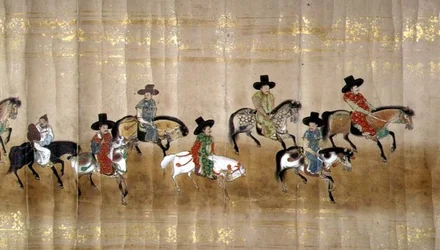 Szósta Ambasada Korei w Japonii w Meireki 1 w czasie sukcesji Tokugawy Ietsuna w 1651, prawdopodobnie Kano Masunobu (1625-94) (obraz przewijany) (szczegół)