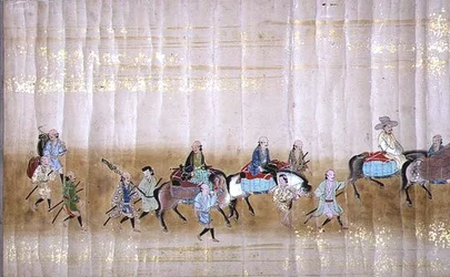 Szósta ambasada Korei w Japonii w Meireki 1 w czasie sukcesji Tokugawy Ietsuna w 1651, prawdopodobnie przez Kano Masunobu (1625-94) (malowanie przewijane) (szczegóły) (patrz także 120832)