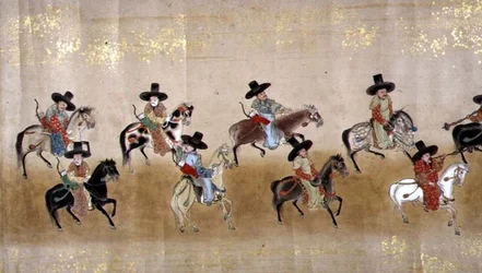 Szósta Ambasada Korei w Japonii w Meireki 1 w czasie sukcesji Tokugawy Ietsuna w 1651, prawdopodobnie przez Kano Masunobu (1625-94) (obraz przewijany)