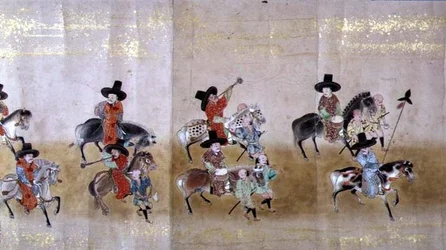 Szósta Ambasada Korei w Japonii w Meireki 1 w czasie sukcesji Tokugawy Ietsuna w 1651, prawdopodobnie Kano Masunobu (1625-94) (obraz przewijany) (szczegół)