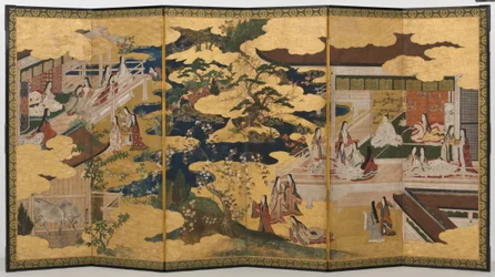 Wiosna w pałacu, sześciokrotny ekran z Opowieści o Genji, ok. 1650 (atrament, kolory i złoto na papierze)