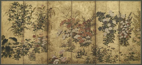 Kwiaty letnie i jesienne, okres Edo, 1615-68 (kolor na złotym papierze)