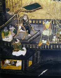 Przybycie Portugalczyków do Japonii, szczegół przedstawiający mężczyzn w centralnej części statku, z ekranu Namban Byobu, 1594-1618