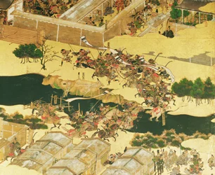Bitwa pod Halogenem z ekranu, okres Momoyama (1568-1600) (pióro i atrament, kolor i złoto nałożone na panel) (szczegół)