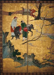 Wizyta Dworu Czterech Mędrców z Góry Shang; Su Shis Wizyta w Jaskini Wiatru i Wody, fragment pary składanych parawanów z sześcioma panelami, okres Momoyama (toaleta i złoto na papierze)