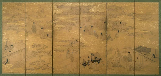 Opowieść o Genji, koniec XVII-początek XVIII wieku (tusz z pigmentem i złotym listkiem na papierze mikowym) (para 171423)