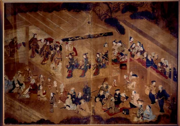 Teatr kabuki: aktorzy na scenie; japońska grafika z XVIII wieku, Paryż, Musée Guimet, Narodowe Muzeum Sztuki Azjatyckiej
