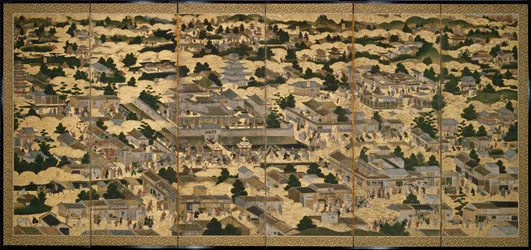 Widoki Kioto i okolic (Rakuchu rakugai zu), ok. 1616-24 (tusz, kolor i złoto płatkowe na papierze)