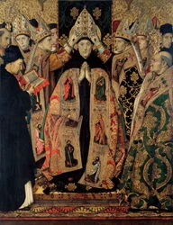 Retable de Saint Augustin - Konsekracja św. Augustyna - Obraz Hugueta, Jaume (1412-1492) - 1462-1465 - Tempera na panelu - 250x193 - Museu Nacional d