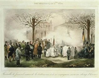 Pogrzeb Louisa-Alexandre Dechet (Jenneval) (1801-30) i jego towarzyszy zmarłych na polu honoru, 24 października 1830, ryty przez Dewasme-Pletinckxa