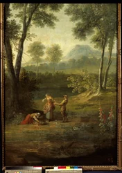 Pięć zmysłów: „” zapach”” Detal panelu dekoracyjnego autorstwa Jeana Baptiste Oudry (1686-1755) 1749 Versailles, musee du chateau.