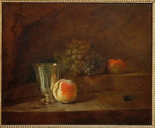 Srebrny puchar, winogrona, jabłko (obraz na płótnie)