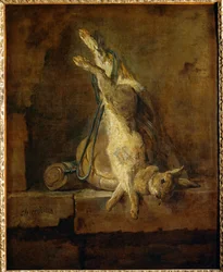 Lapin de Garenne mort avec une gibeciere et une poire a poudre - martwy zając z torbą na zwierzynę i kolbą na proch ...
