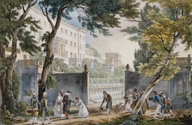 Szarmancka scena przy wejściu do willi w Rzymie, ok. 1820, sztych Jean-Baptiste Thomas (1791.1833)