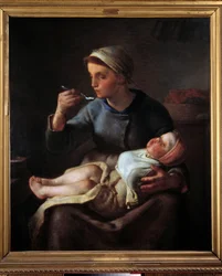 Kobieta sprawia, że jej dziecko je. Obraz Jeana Francois Milleta (1814-1875)