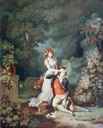 Zaskoczony kochanek, rytowany przez Charlesa Melchiora Descourtisa (1753-1820) (kolor grawerowany)