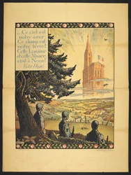 Plakat przedstawiający trzech francuskich żołnierzy patrzących na alegoryczny kościół w oddali, w obłokach oświetlonych światłem. Mały werset Victora Hugo w lewym górnym rogu (plakat)
