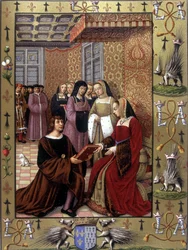 Jean Marot ofiarowuje swoją książkę „Podróż do Genui” królowej Annie Bretońskiej. Według iluminacji Jeana Bourdichona, około 1508