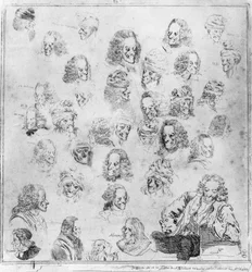 Różne melodie w 30 głowicach Voltaire. Portrety Francois Marie Arouet, dit Voltaire (1694-1778) „”różne fizjonomie Voltaire”””. Mocna woda przypisywana Dominique Vivant-Denon (Vivant Denon) (1747-1825) po Jean Huber (1721-1786). Muzeum C