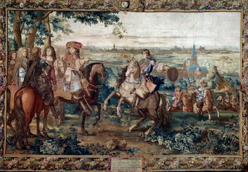 Kontynuacja z Histoire du Roi: „” Zdobycie Lille przez Ludwika XIV, sierpień 1667 po tekturze św. Andrzeja. Obraz wykonany przez warsztat Jeana Mozina (XVII w.) w fabryce Gobelins. Ciemny. 3,7x5,5m. Wersal, muzeum zamkowe