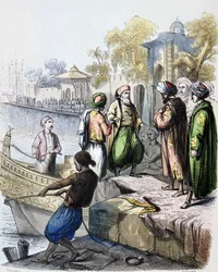 Mehemet Ali (1769-1849) przybywa do Konstantynopola - 1828: Mehmet Ali przybywa do Konstantynopola (Stambuł, Turcja) 1846 akwarela francuskiego malarza Jean-Adolphe Beauce (1818-1875). Muhammad Ali Pasza lub Mehmet Ali; 1769-1849. Osmański albański przecin