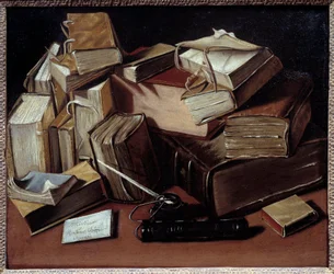 Martwa natura z książkami Malarstwo Jean Andreas Biset (1672-ok. 1710). Bourg en Bresse, Musee de Breu - Martwa natura z książkami. Obraz Jeana Andreasa Biseta (1672-ca.1710). Muzeum Breu, Bourg en Bresse, Francja