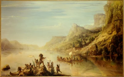 francuski odkrywca Jacques Cartier (1491-1557) odkrył i wspiął się na rzekę św. Wawrzyńca w Kanadzie w 1535 roku. Obraz Jeana Antoine