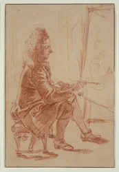 Malarz z brodą (prawdopodobnie Claude Audran), ok. 1709 r. (czerwona kreda na papierze w kolorze buforu, położona na kremowej karcie)
