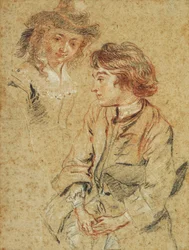Siedzący młody mężczyzna, długości trzech czwartych, trzymający kapelusz, ok. 1717