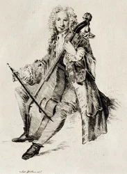 Wiolonczelista, Jean Antoine Watteau (1684-1721), grawerowanie, Francja