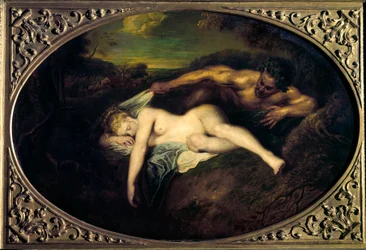 Nimfa i satyra lub „Jowisz i Antiope” Obraz Jeana Antoine Watteau (1684-1721) XVIII-wieczne Słońce. 0,73x1,07 m Paryż, musee du Louvre