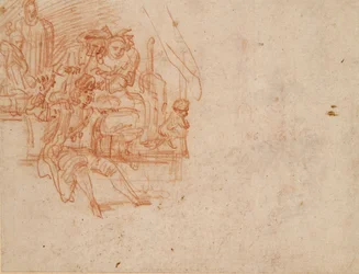 Znachor siedzący na scenie, sprzedający towary, z czterema figurkami i małpą, c1700-1720.