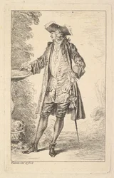 Stojący mężczyzna z prawą ręką wspartą o miskę, ukazany w trzech czwartych z..., ca. 1710.
