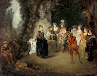 Komedia francuska par Watteau, Jean Antoine (1684-1721), po 1716 - Olej na płótnie, 37x48 - Muzea Państwowe, Berlin