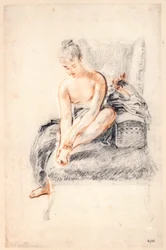 Młoda kobieta, naga, trzymająca jedną nogę w dłoniach, 1716-18.